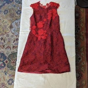 Monique Lhuillier - Cap Sleeve Crimson/Red Floral Lace Dress